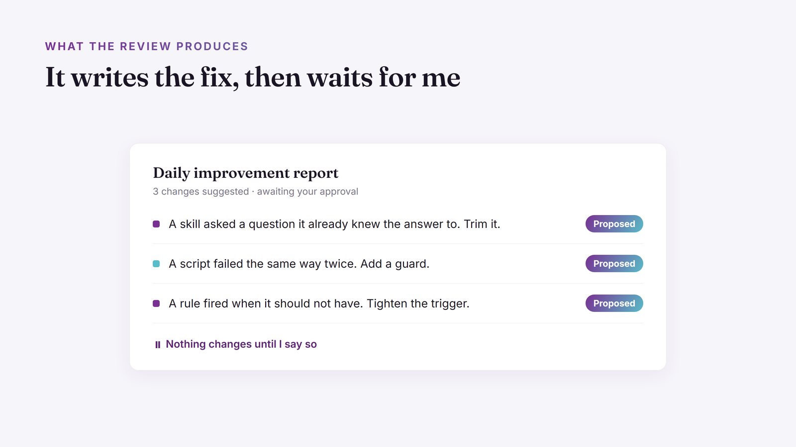A daily improvement report listing three specific proposed fixes, each marked as awaiting approval